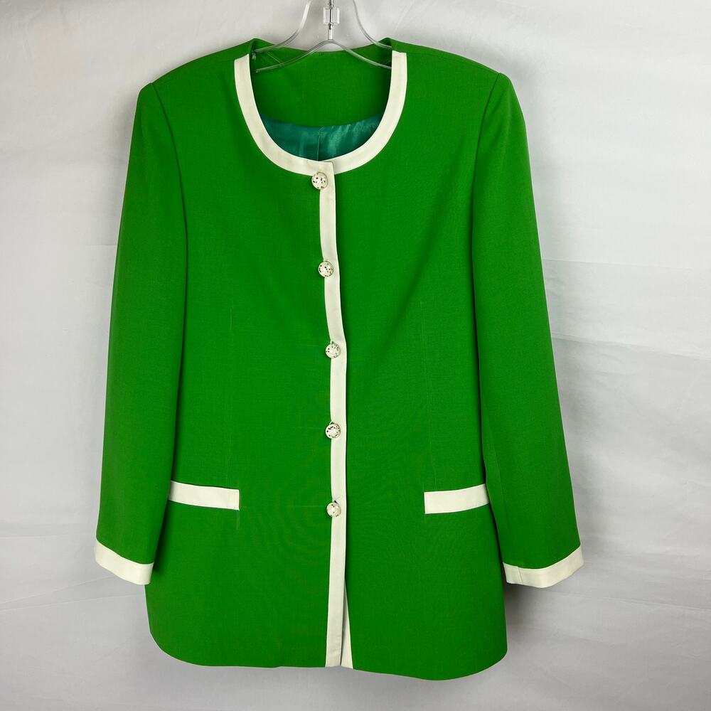 Vintage Green White Trim Jacket Holiday Mod Style Satin Lined Textured Buttons M